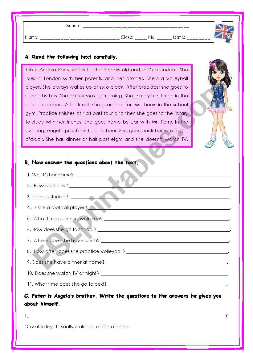 Angela`s daily routine worksheet